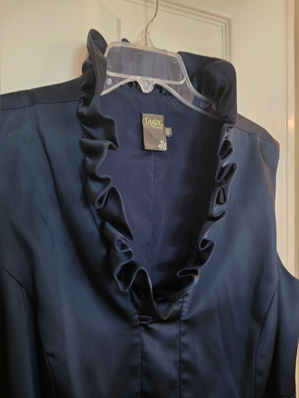 Taylor Ruffle Neck Navy Sheath Sleeveless Sateen Cocktail Dress 16W